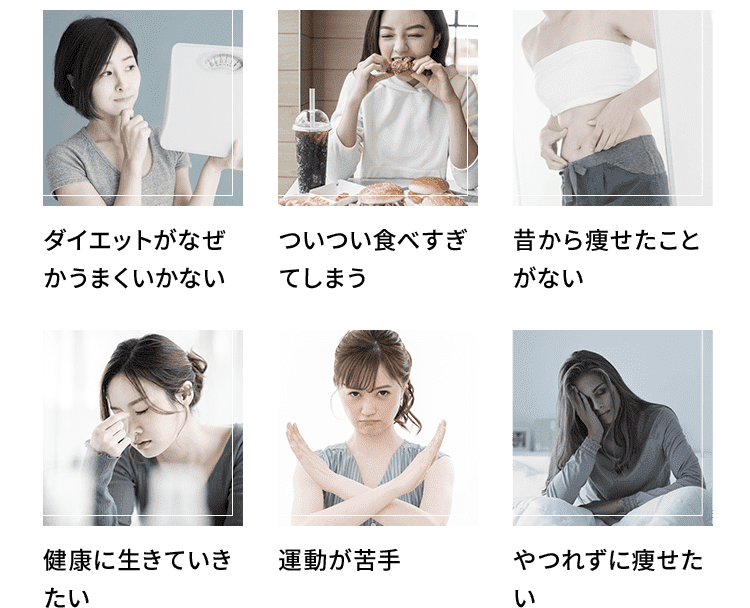 ダイエットがなぜかうまくいかない/ついつい食べすぎてしまう/昔から痩せたことがない/健康に生きていきたい/運動が苦手/やつれずに痩せたい